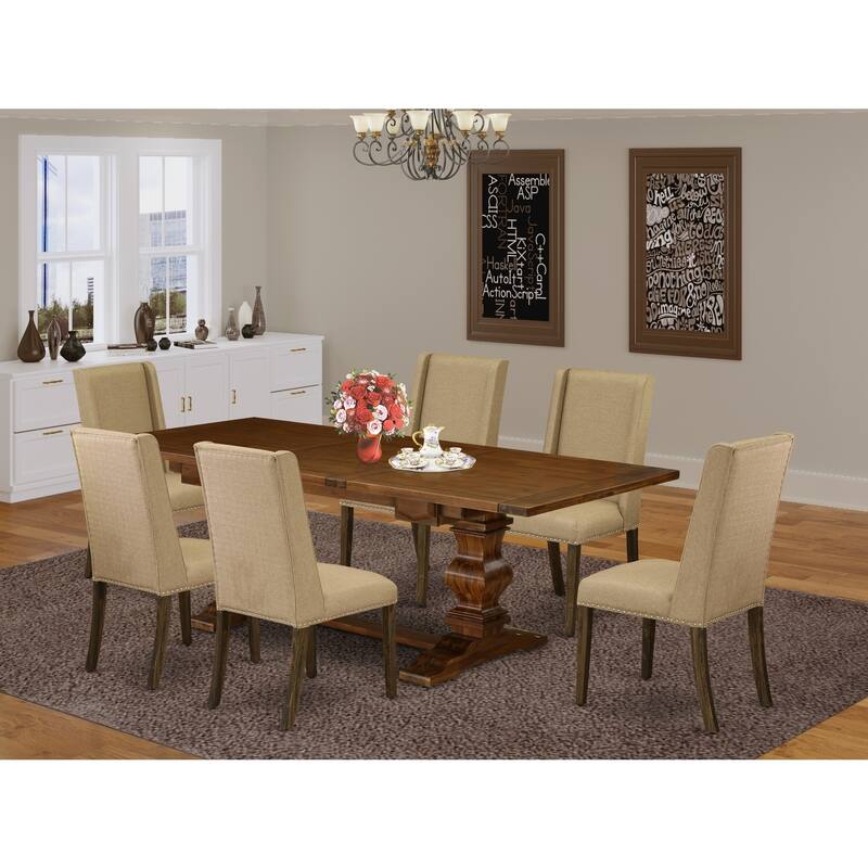 Modern 7-Piece Dining Set - Wood Table & 6 Linen Fabric Chairs - Antique Walnut & Distressed Jacobean Finish - 92