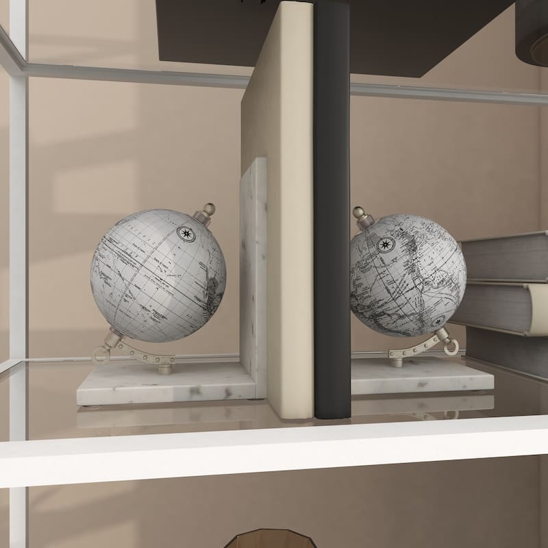 Marble Globe Decorative Bookends with Silver Metal Accents - Set of 2 White - Roche River Decor