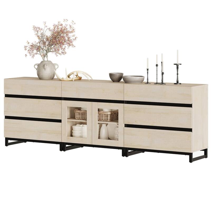 WAMPAT 3 in 1 Dresser with Glass Doors and 7 Drawers, Modern Chest of Drawers with Adjustable Shelf and Metal Base for Bedroom