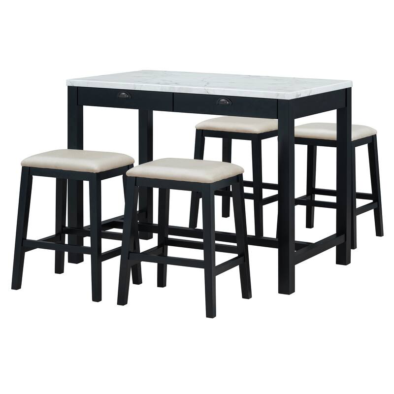Modern Faux Marble Bar Table Set with Storage & Stools