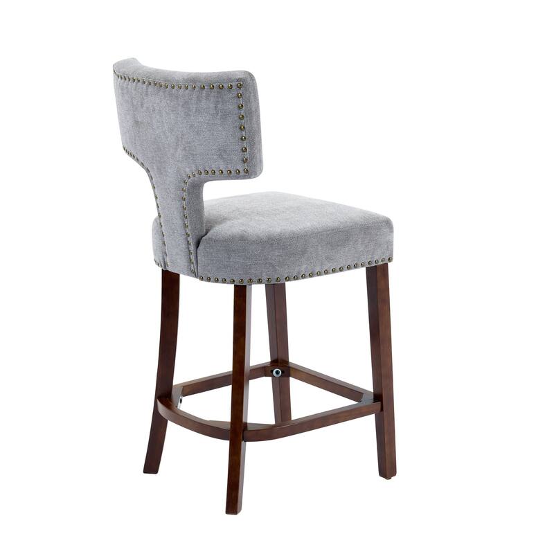 Set of 2 Mid-Century Modern Counter Height Bar Stools with Linen Upholstery Curved Backrest Copper Nail Solid Hardwood Frame