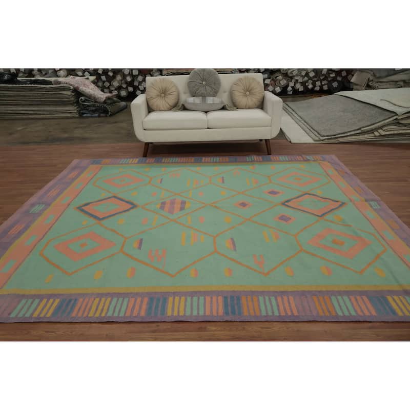 Hand Woven Oriental 100% Wool Carpet Southwestern Tribal Green Kilim Area Rug - 9' 8'' X 8' 9''