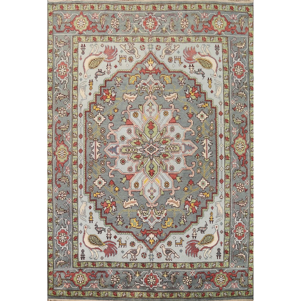 Animals Design Heriz Serapi Indian Area Rug Hand-Knotted Wool Carpet - 7'11" x 9'11"