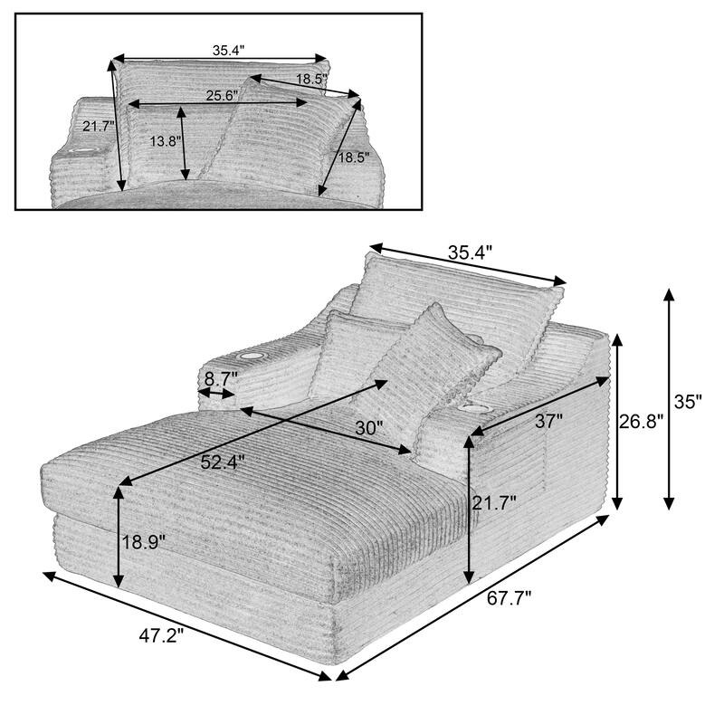 47.24" Chaise Lounge Sofa Chair, Modern Corduroy Sleeper Couch with Pillows, Single Recliner with Cup Holders and Side Pockets