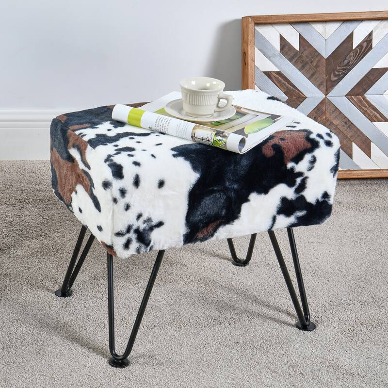 Home Soft Things Animal Pattern Ottoman Bench with Black Metal Legs - 19"x13"x17" - Black/White Cows Flowers