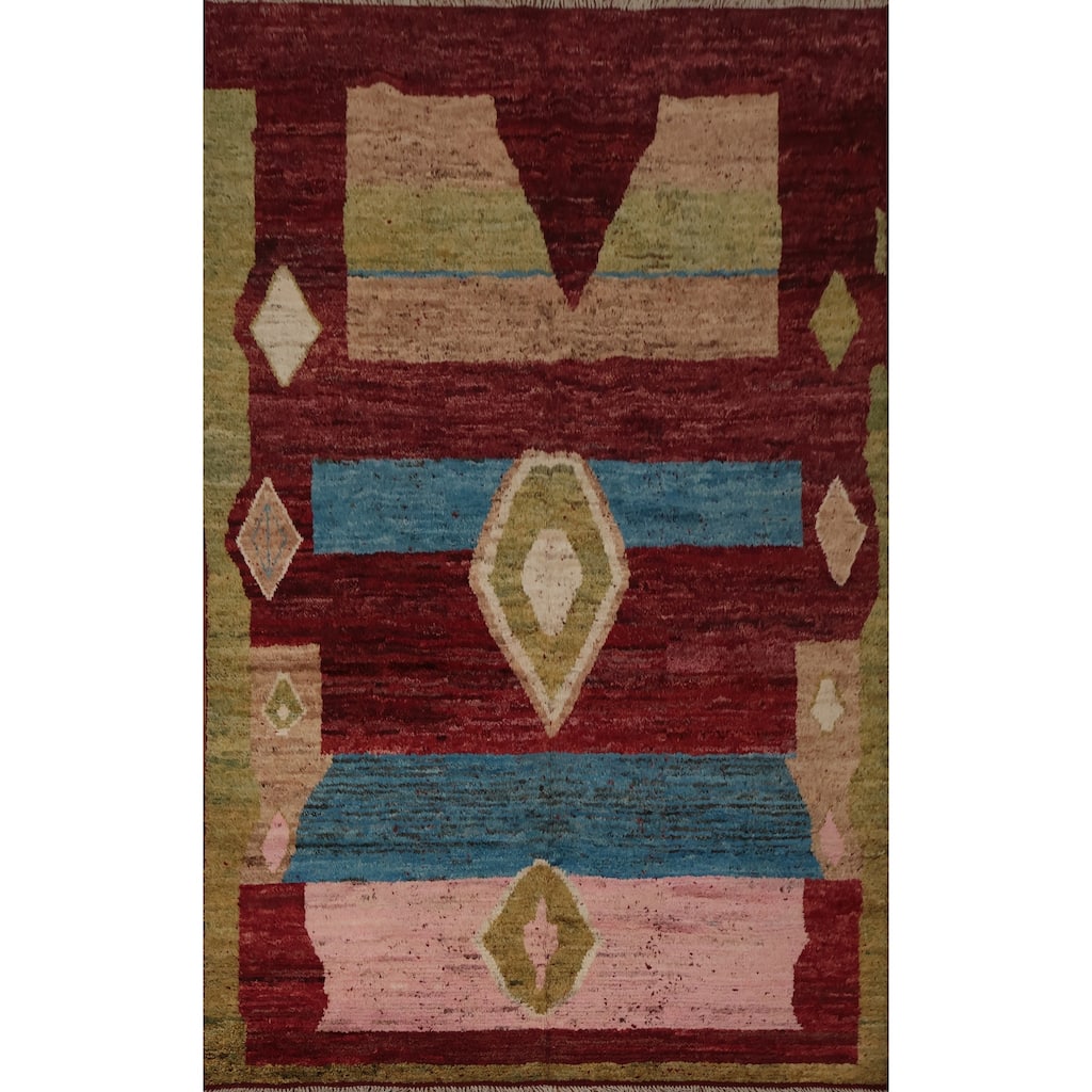 Hand Knotted Oriental 100% Wool Carpet Modern Tribal Red Moroccan Area Rug - 9' 2'' X 6' 6''