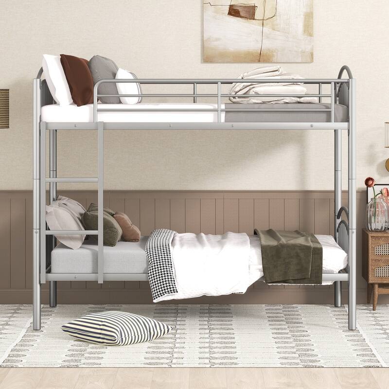 Twin Over Twin Steel Bunk Bed with Guardrails and Convertible Design