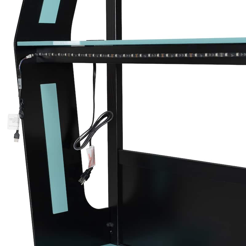 Esports Loft Bed Full Over Full Bunk Bed Frame with Side Mounted Desk, Light Strip, Charging Station and Cable Grommet