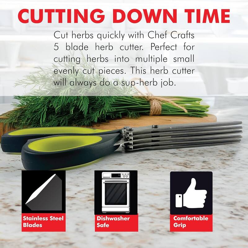 Chef Craft Herb Cutter Scissors Set, Multipurpose 5 Blade Cutting Shears with Sheath and Cleaning Comb