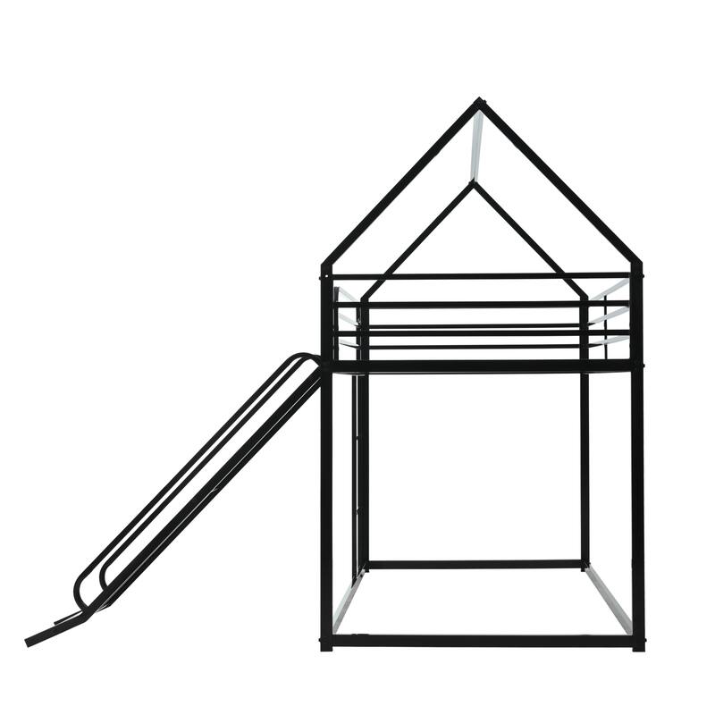 Metal Twin Over Twin House Bunk Bed with Ladder and Slider, Sturdy and Safe Design, Black