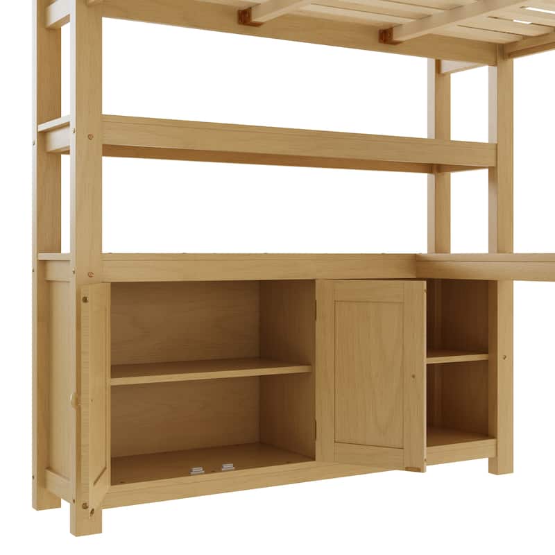 All-in-One Queen Size Loft Bed with L Shape Desk, Bookcase Headboard, Storage Cabinet and Built-in Wardrobe with Hanging Pole