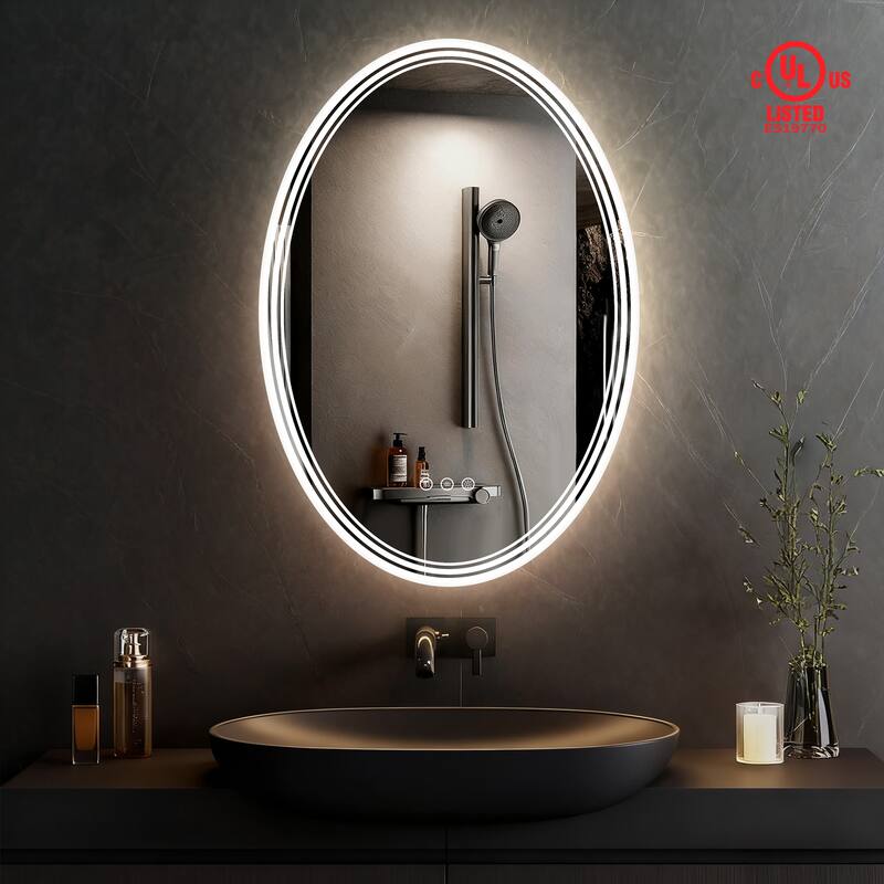 UL Certified Oval LED Bathroom wall Mirror, Anti-fog, 3-Color Dimmable - 24x36