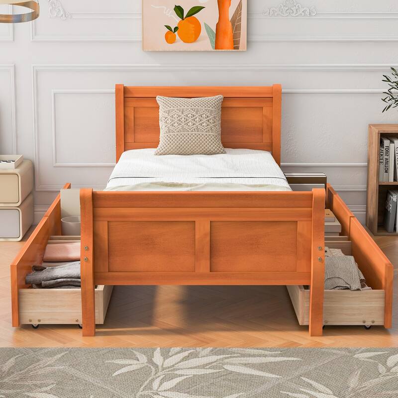 Wood Platform Bed with 4 Drawers and Streamlined Headboard & Footboard