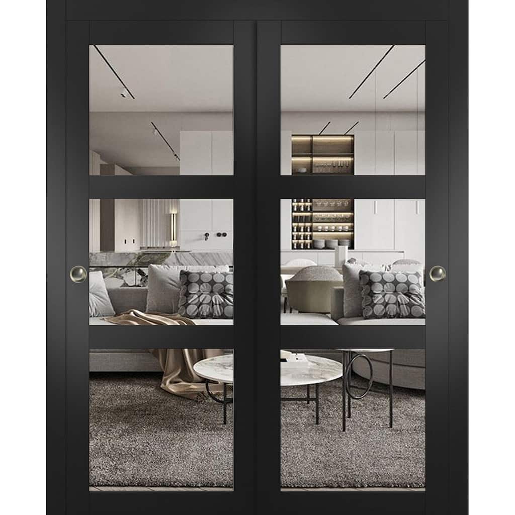 SartoDoors Lucia 2555 | Bedroom Door Interior Door | Solid Wood w/ Glass | Hardware Set | 36x80, Matte Black