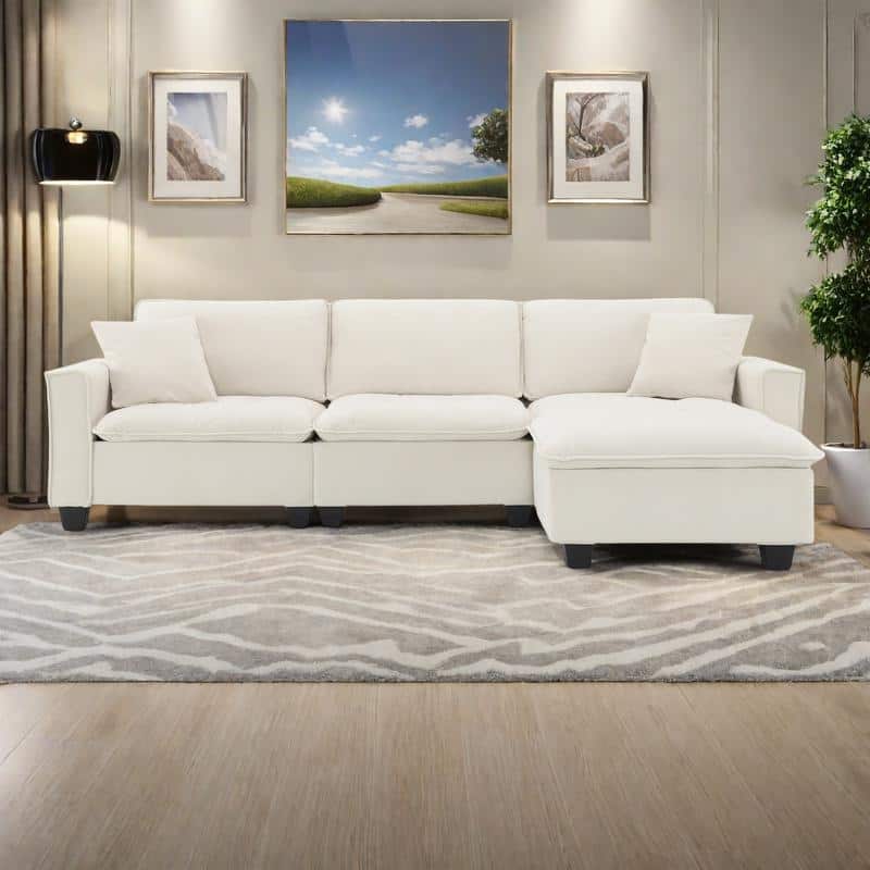 100" L-Shaped Suede Sectional Sofa with Ottoman and Pillows, 4-Seater Sleeper - Beige