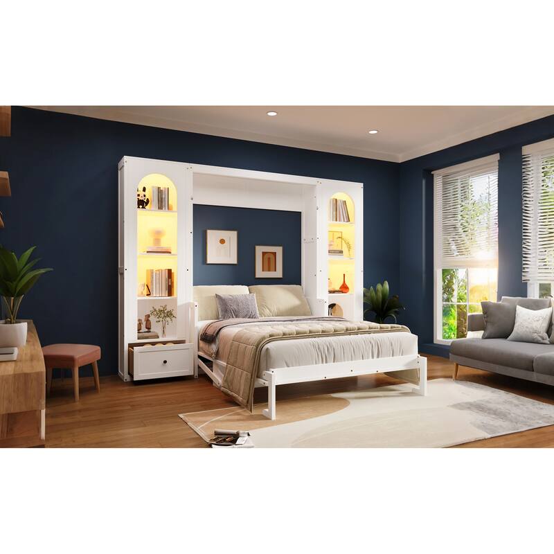 Queen Size Folding Platform Bed with Shelves, Cabinets, Drawers, and LED Lighting