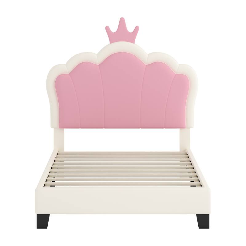 Cute Girl Princess Bed with Crown Headboard, PU Upholstered Platform Bed, Wood Panel Bed Low Profile Bed