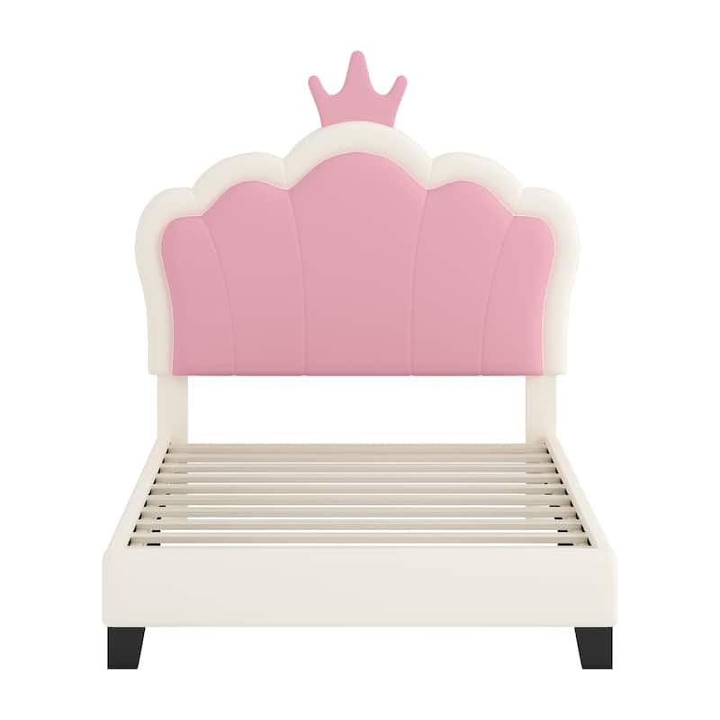 Enchanting Cream & Pink Twin Princess Bed with Crown Headboard - Magic!