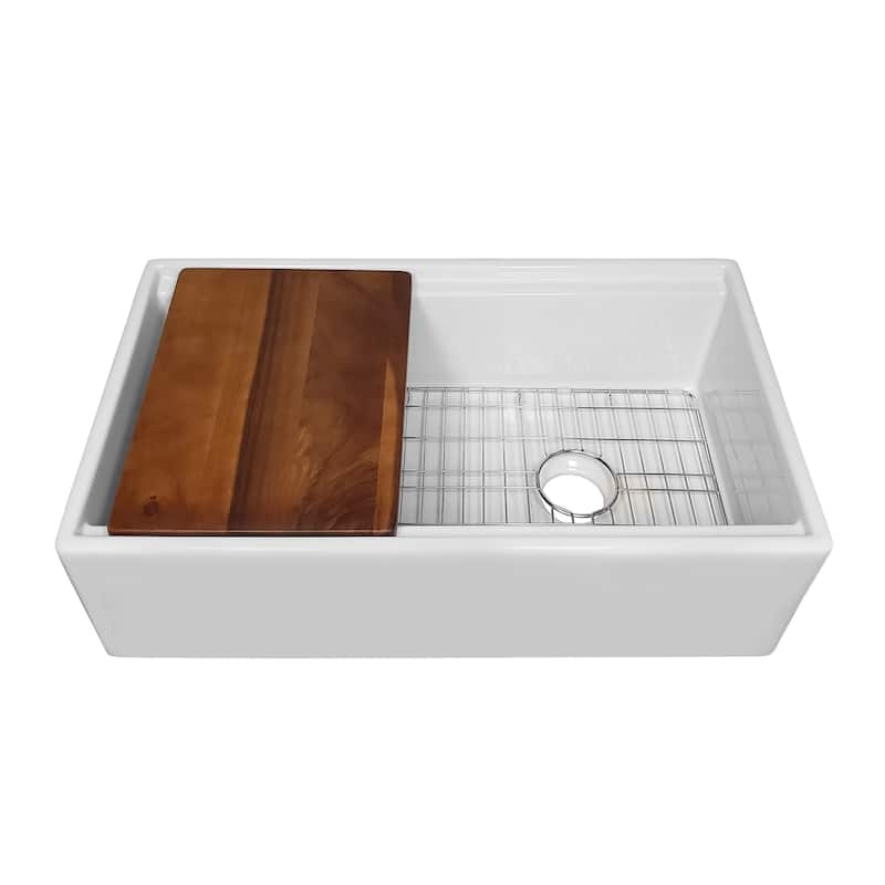 Front apron single bowl fireclay kitchen sinks with walnut wood cutting board and stainless steel grid - 19x30