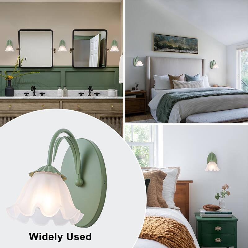 Green Metal Flower Frosted Glass Wall Sconce for Bathroom Vanity