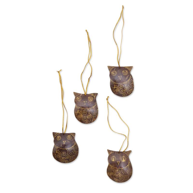 Novica Handmade Watchful Owls Coconut Shell Ornaments (Set Of 4)