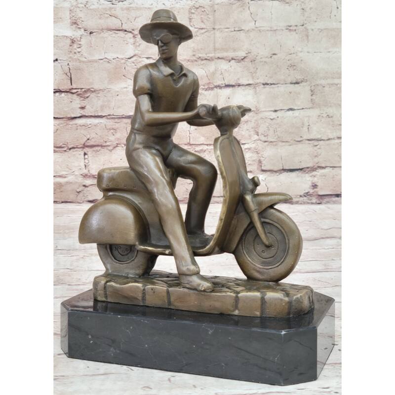 Man Riding Moped Bike Solid Bronze Sculpture Memorabilia Collectible Artwork