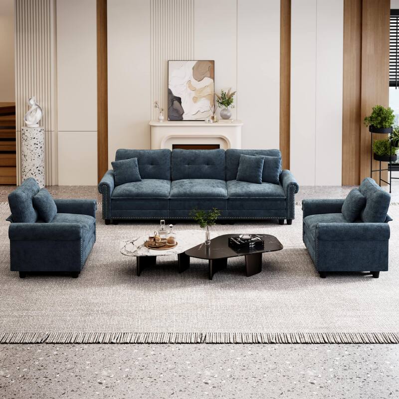 MASION ARTS 3-Piece Modular Sectional Sofa, Oversized Cloud Couch with Armchairs/Loveseats, Deep Seat Sofa (5–7 Seats) - 5-Seater/Blue/Chenille