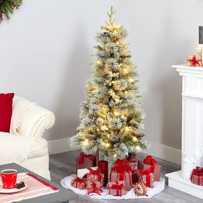 4Ft Pre-Lit Green Flocked Potted Artificial Christmas Tree - 48" H x 22" Diameter