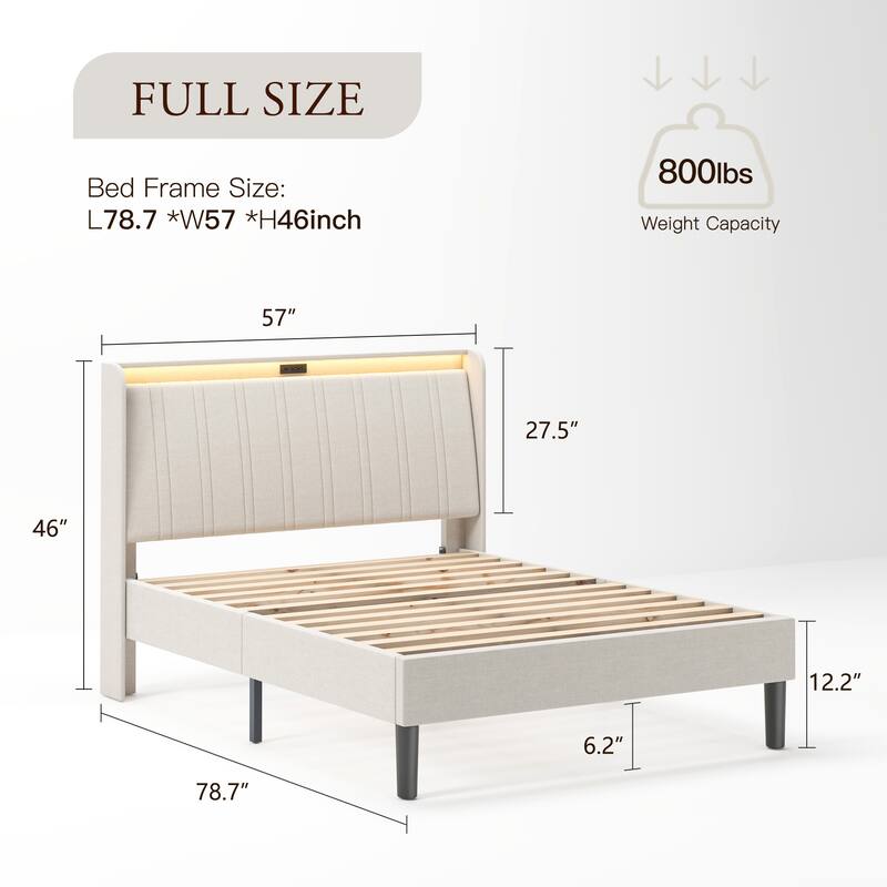 Full Size Upholstered Platform Bed Frame with USB Ports & Storage, Noise-Free Design