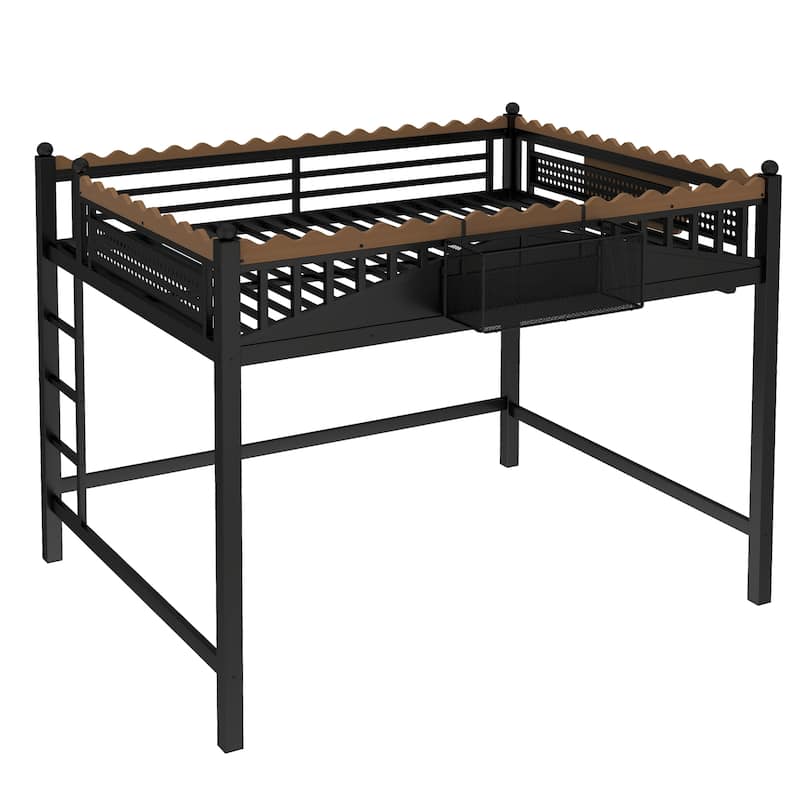 Modern Metal Loft Bed with Shelves & Bookshelf, Ladder Entry, No Box Spring Needed, Multi-Size