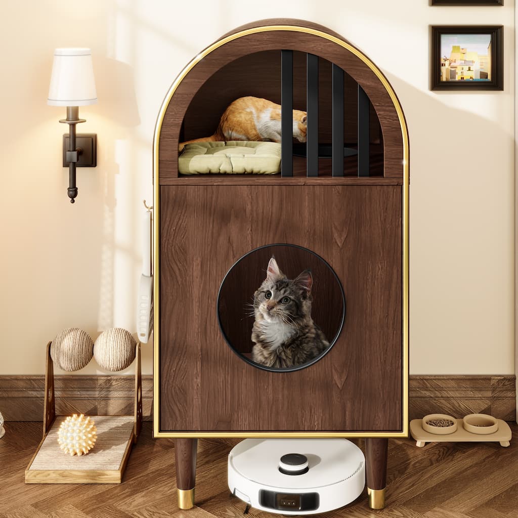 2-in-1 Cat Litter Box Enclosure & Condo Cat Bed - Two-Level Shelter Furniture for 2 Cats, Espresso