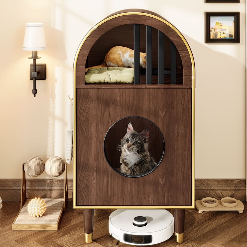 Cat Litter Box Enclosure , 2-in-1 Condo Cat Bed, Cat Shelter Furniture with Two-Level Cozy Haven for 2 Cats, Cute Kitty Condo