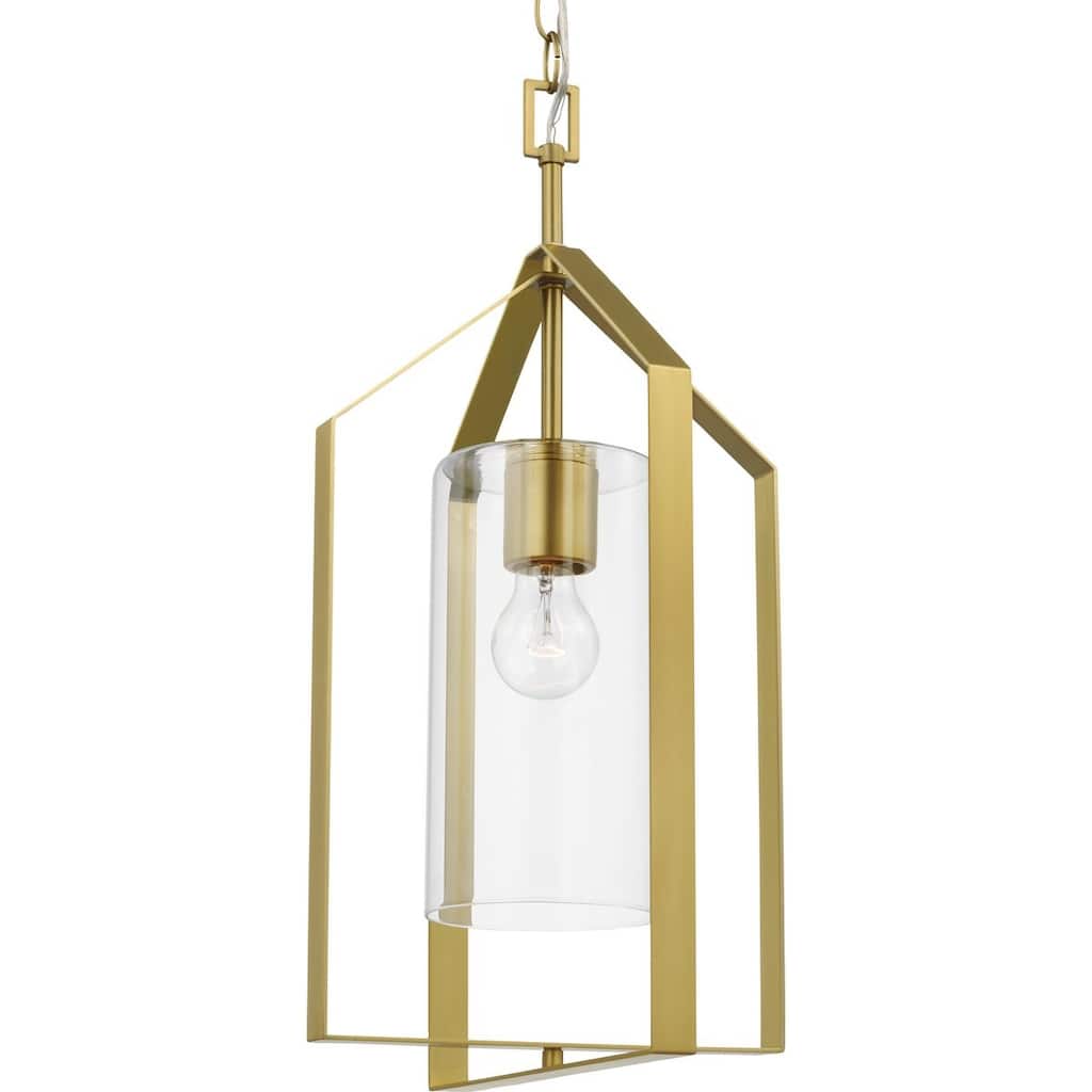 Vertex Collection One-Light Brushed Gold Clear Glass Contemporary Foyer Light - 12 in x 12 in x 22.5 in