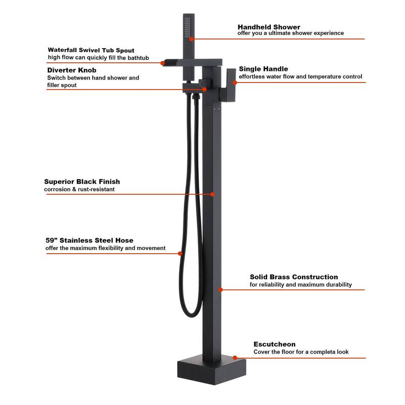 BATHLET Single Handle Floor Mounted Freestanding Tub Filler with Handshower