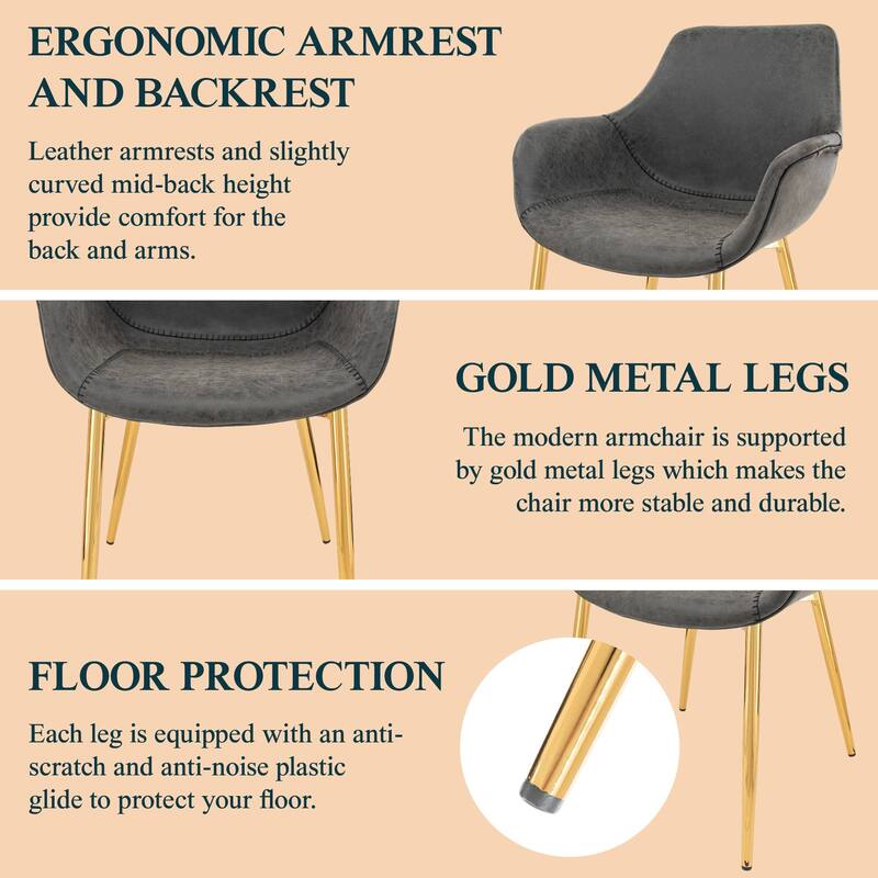 Markley Modern Leather Dining Armchair Set of 2 With Gold Metal Legs Accent Side Chair