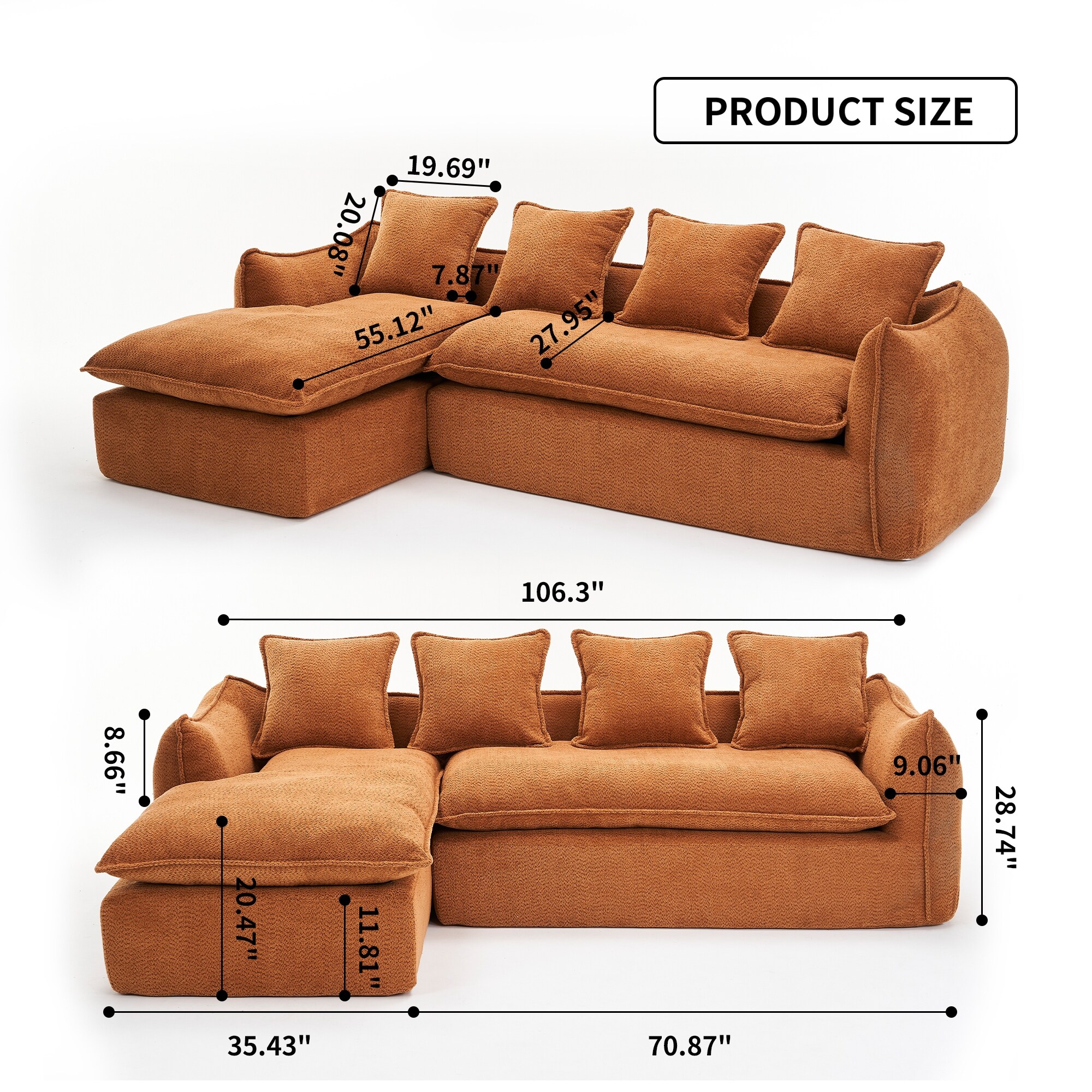 Deep Seat Sleeper Sofa 3 Seater Sofa with Chaise Lounge
