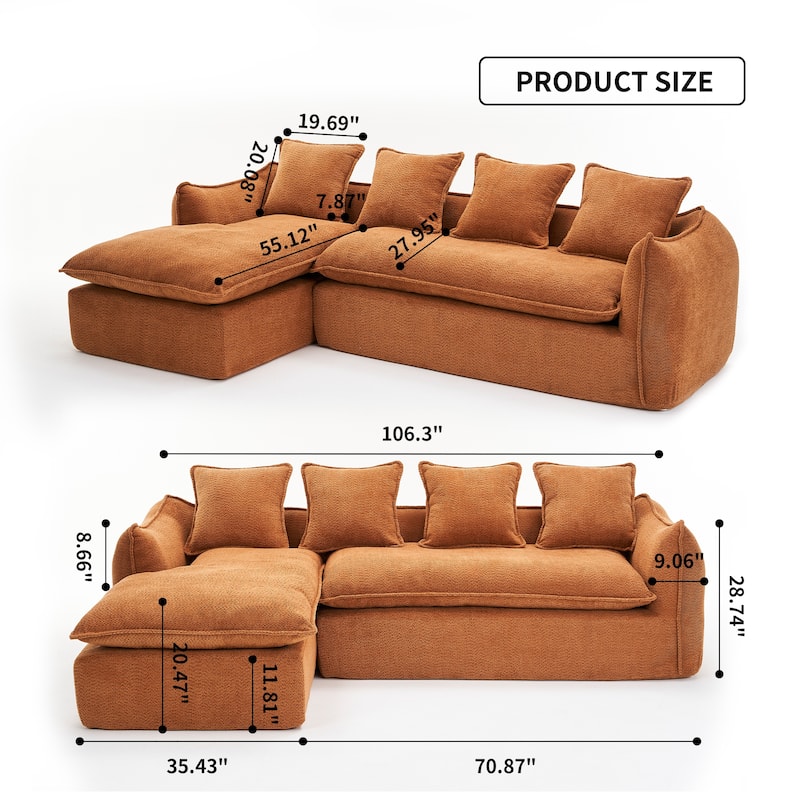 Orange 106.3" Oversized L-Shaped 3-Seater Sectional Sofa with Chaise, 4 Decorative Pillows, and Stylish Modular Build