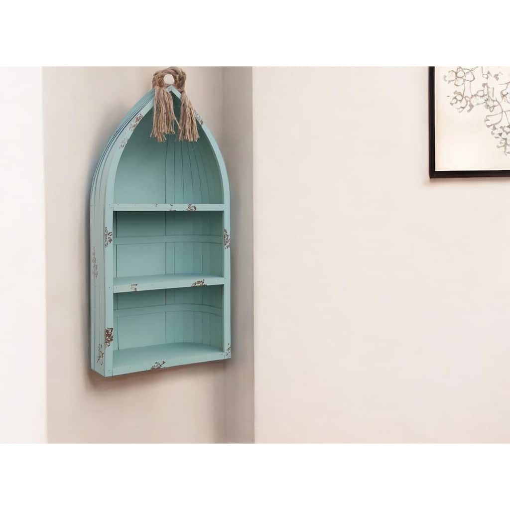 HomeRoots 34" Aqua Blue Wood Canoe Hanging Shelf - 34.25" x 16" x 7"