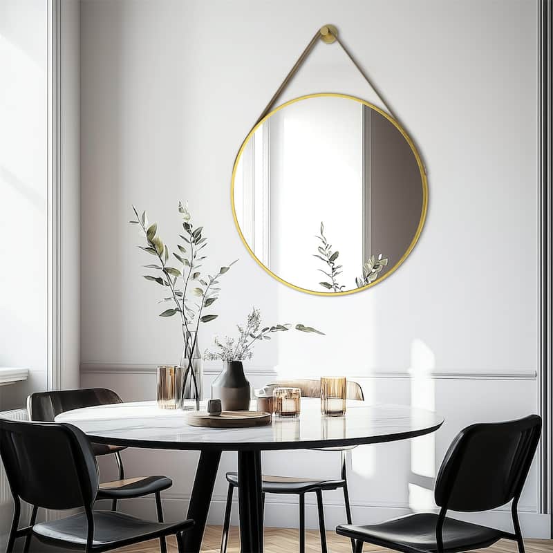 Round Wall Hanging Bathroom Vanity Mirror with Leather Strap Black Aluminum Frame