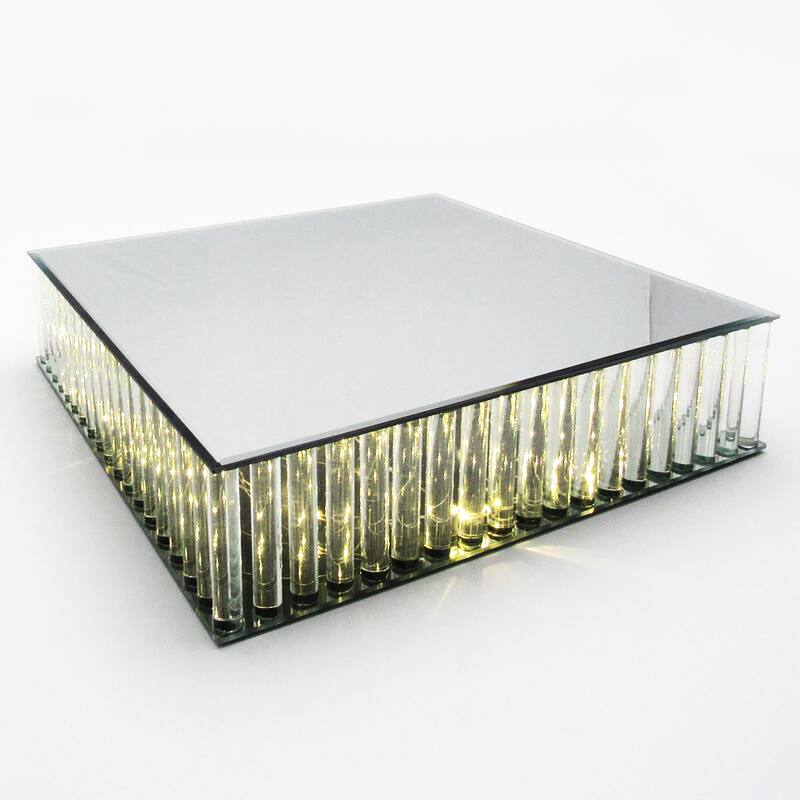 Square Mirror LED Fairy Light Up Glass Columns Cake Stand Dessert Display Tray Riser
