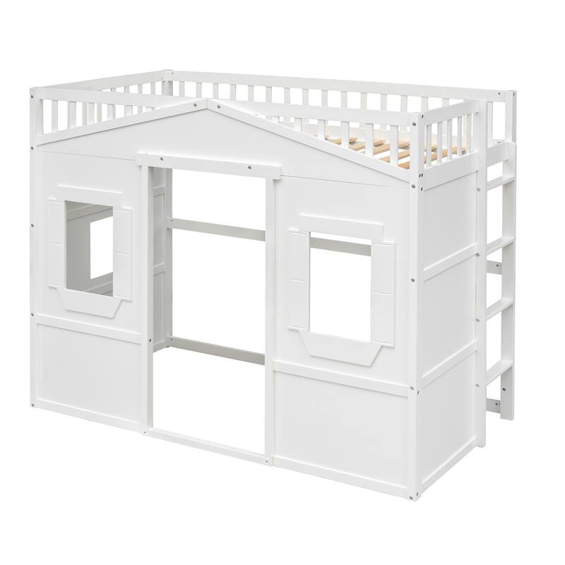 House Loft Bed for Kids, Twin/Full Size, Wooden Bed with Ladder, Sturdy Pine Frame, Perfect for Small Spaces
