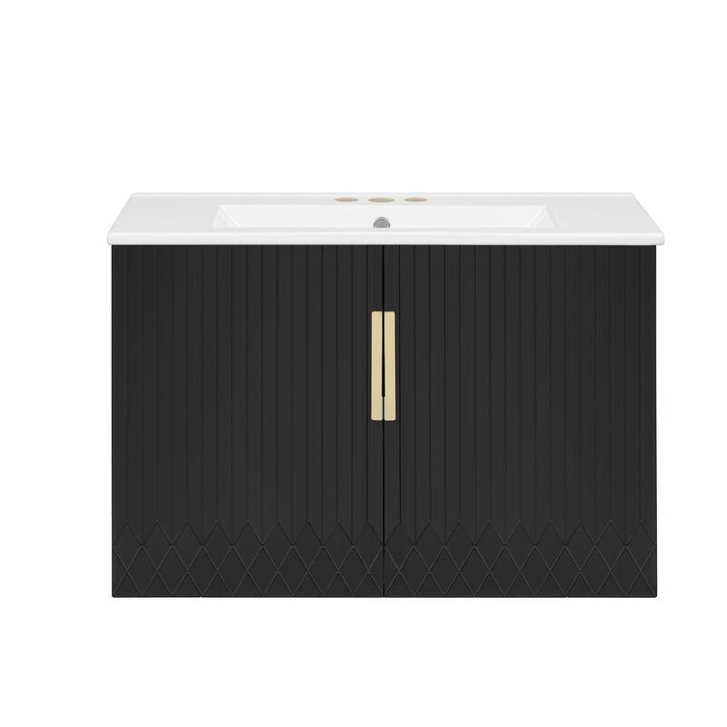 Wall-Mounted Bathroom Vanity with Ceramic Sink, Floating Bathroom Storage Cabinet, 30 Inch