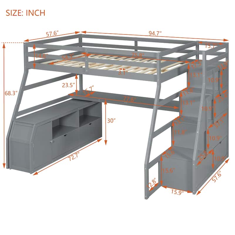 Gray Full Size Wood Loft Bed with 7 Drawers 2 Shelves, Ladder and Desk for Kids, Bedroom