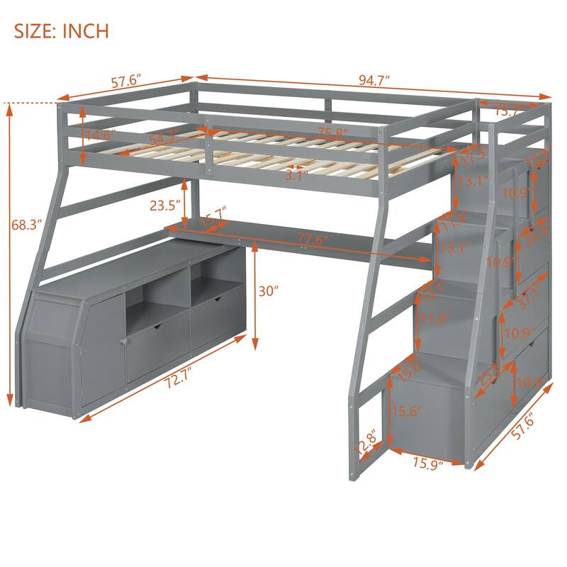Pine Loft Bed with Desk and Storage