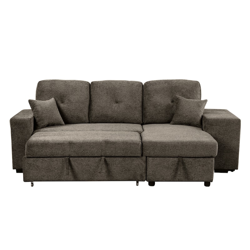 95'' Reversible L-Shaped 3-Seat Sleeper Sofa with Storage Chaise, Pull-Out Bed, and Side Shelf, Includes 2 Stools
