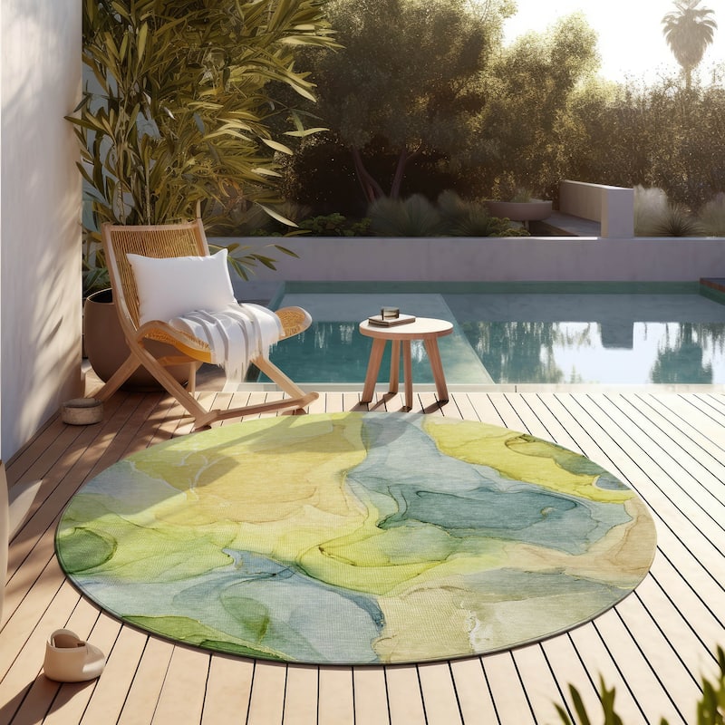 Machine Washable Indoor/ Outdoor Chantille Watercolor Yellow Rug - Yellow - 8' x 8'