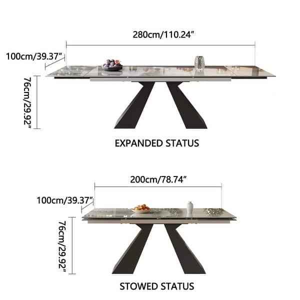 dimension image slide 0 of 3, 110.23'' Extendable Rectangular Sintered Stone Dining Table For 8 -10 People