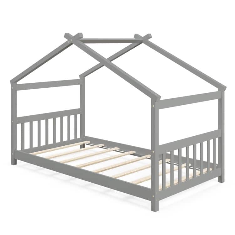 Twin House Bed Frame for Kids with Roof Design and Wood Slat Support - Grey