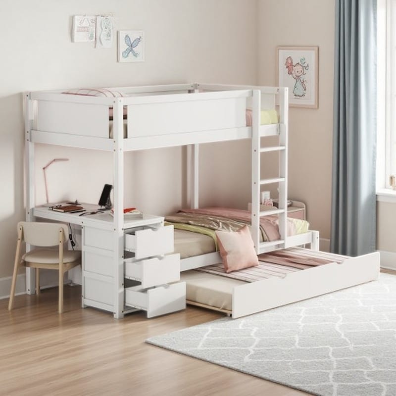 Wood Bunk Bed Frame with Twin Trundle, Built-in Desk with USB Charging Ports & Power Outlets, Storage Drawers