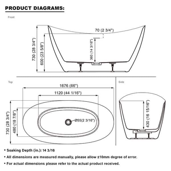 dimension image slide 3 of 4, Freestanding Soaking Bathtub,100% Pure Virgin Acrylic with Drain And Groove Overflow,Glossy White
